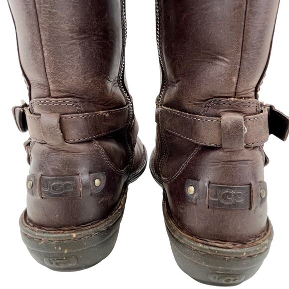UGG Rosen Tall Boots Brown Leather Shearling Zip Buckle Women’s 7 Casual Winter - Picture 9 of 16